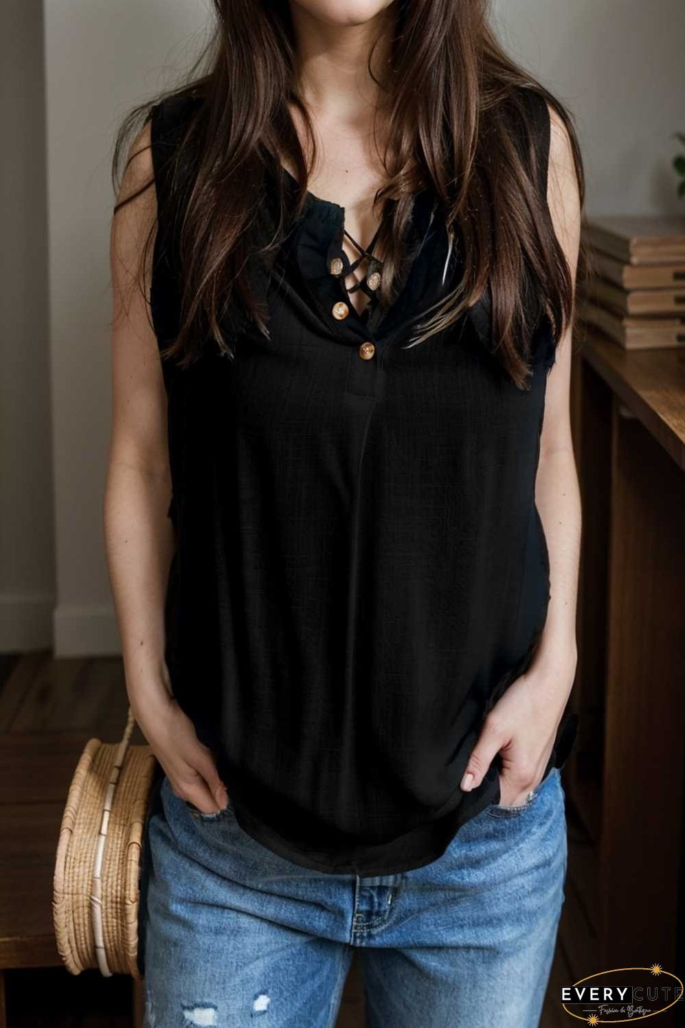 chic black ruffle trim v neck tank top