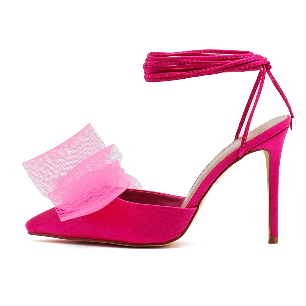 Pink Satin Pointed Toe Lace Up Stiletto Heels with Oversized Bow Nicepairs