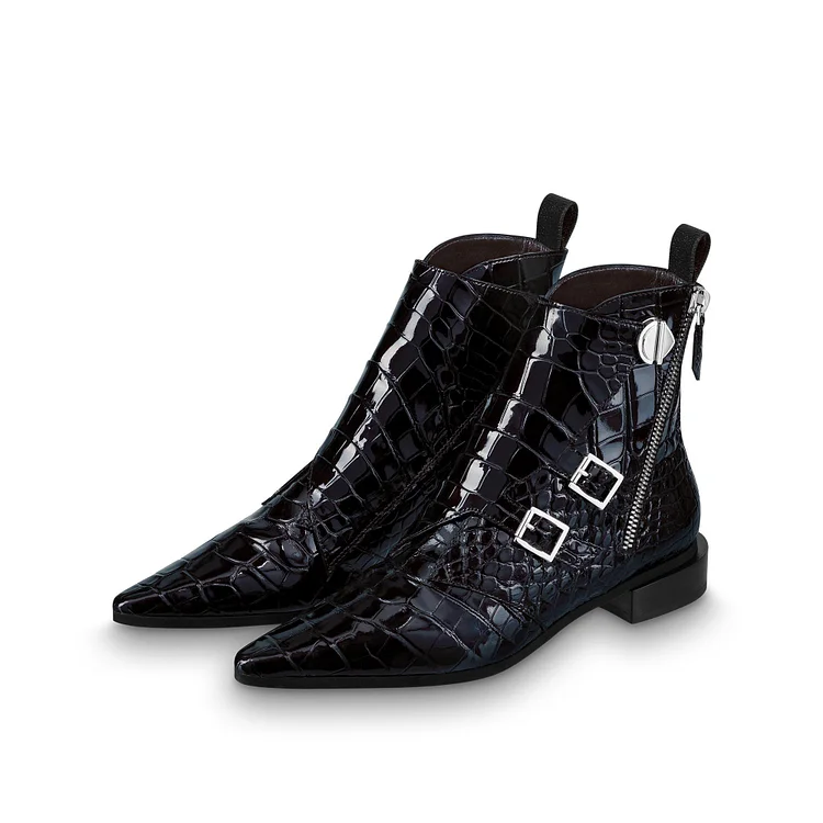 Black Lizard Skin Buckles Pointy Toe Side Zip Flat Ankle Boots |FSJ Shoes