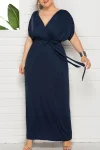 Plus Size Elegant Lace Up Solid Deep V Neck Maxi Dress