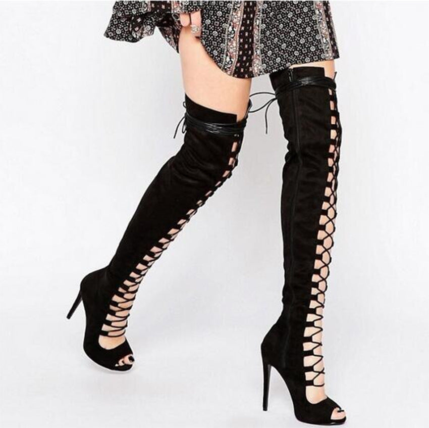 Women's sexy summer peep toe front lace thigh high boots stiletto high heels over the knee boots