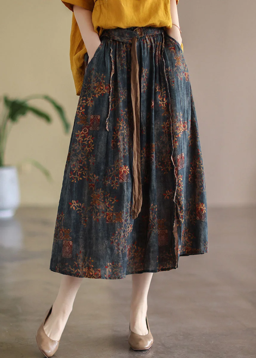 Brown Patchwork Linen Skirts High Waist Print Summer
