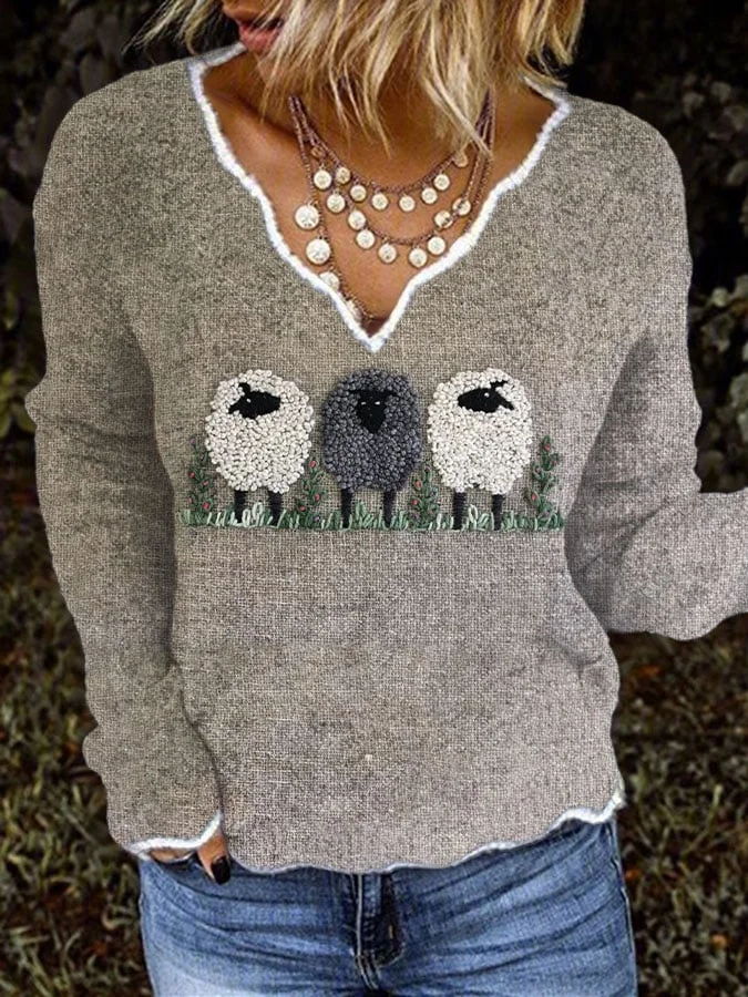 Women's Cute Plush Sheep Pattern Print V-Neck Knit Top