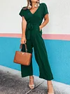 V-Neck Short Sleeve Loose Solid Color Simple Jumpsuit