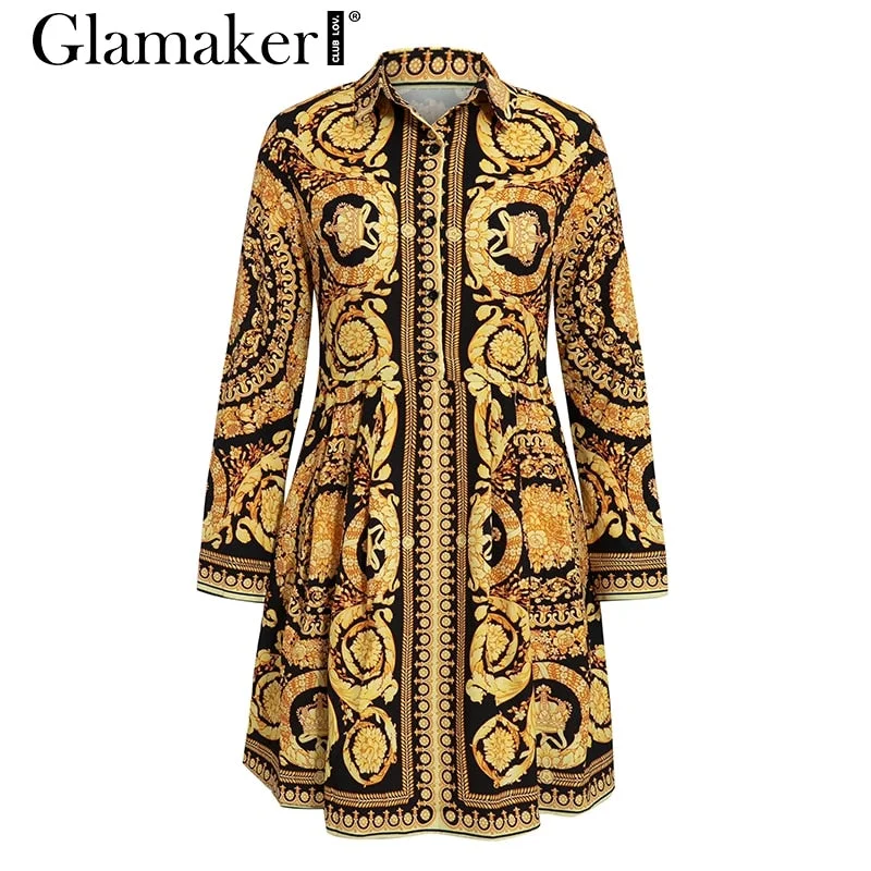 Glamaker Sexy paisley vintage print gold dress Women v neck short shirt dress summer elegant party club dress large size robe