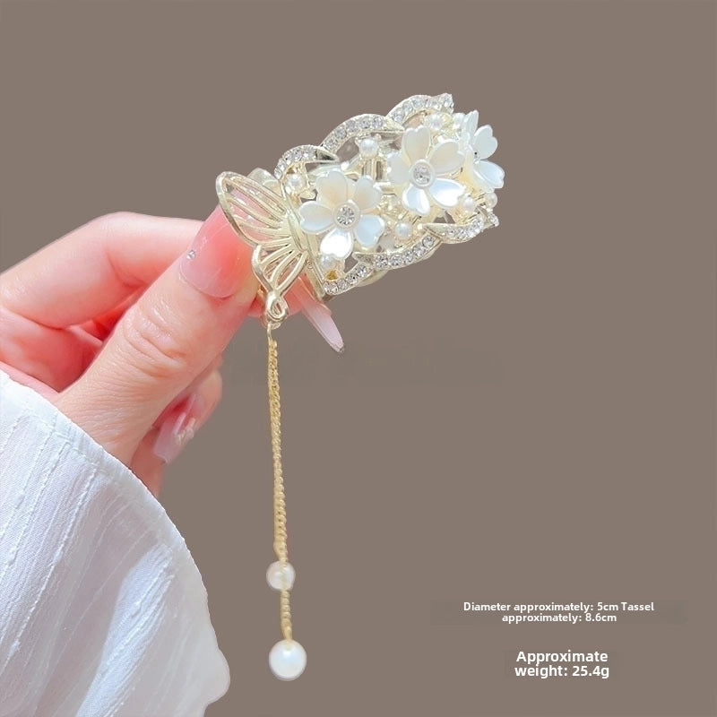 White Lotus Pearl High Ponytail Hairpin Female Back Of Head Small Grab Clip Half Tie Hair Fixing Artifact Step Tassel Grab Clip