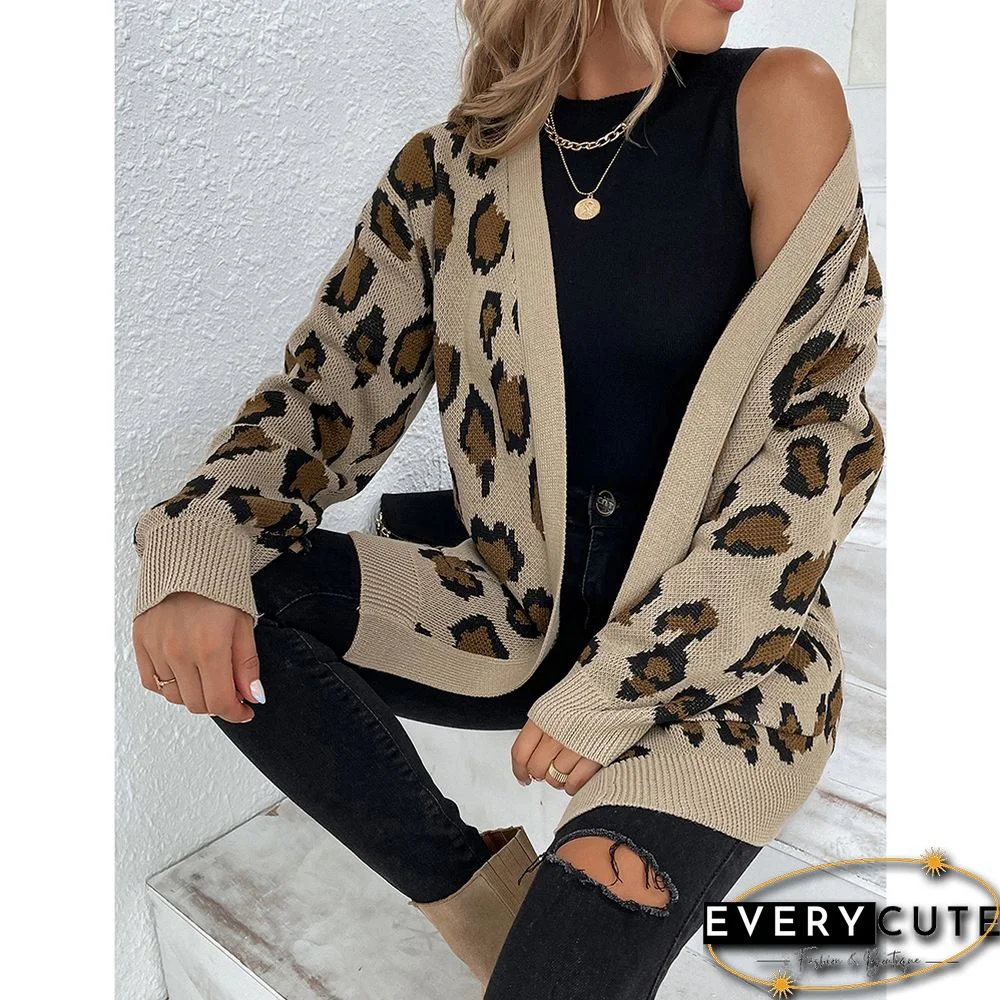Khaki Contrast Leopard Print Pocket Open Front Cardigan