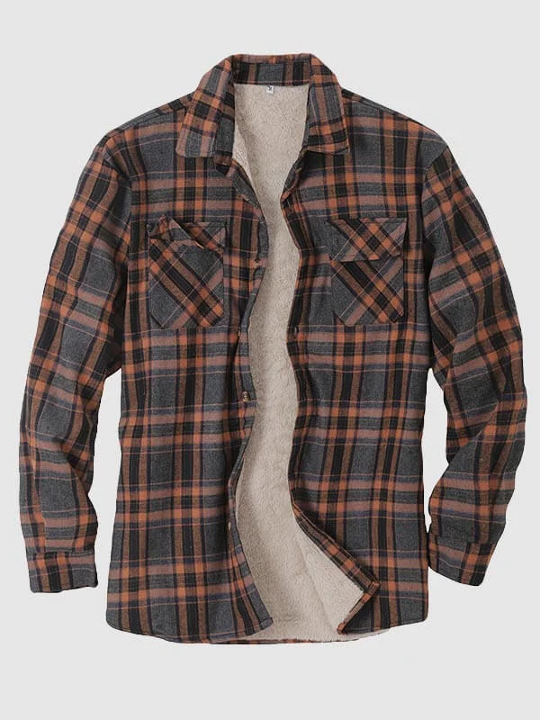 Men's Plaid Double Pocket Fleece-lined Thermal Shirt Jacket
