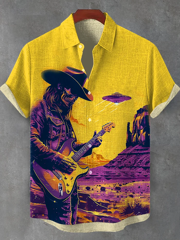 Men's Western Skull Cowboy Playing Guitar UFO Retro Future Art Print Shirt