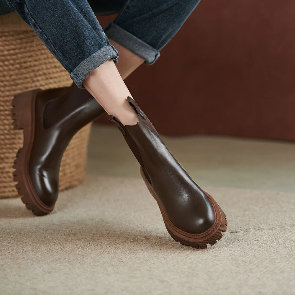 WHNB 2021 New Cow Leather Chelsea Boots Women Slip on Ankle Boots Brown Fashion Genuine Leather Boots Ladies Fashion Shoes