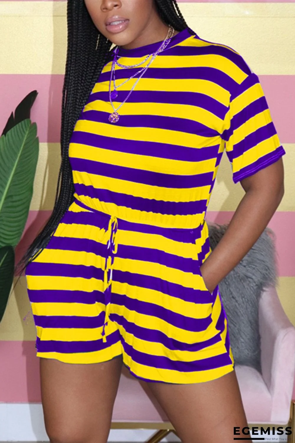PurpleYellow Casual Striped Printed Short Sleeved Romper | EGEMISS