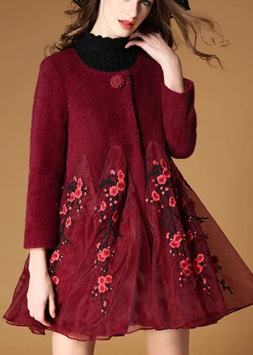 Handmade Mulberry Tulle Embroideried Patchwork Fall Woolen Coat