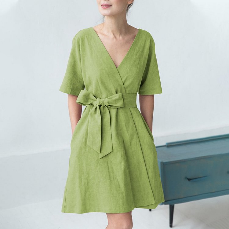Comstylish V-Neck Short Sleeve High Waist Cotton Linen Mini  Dress