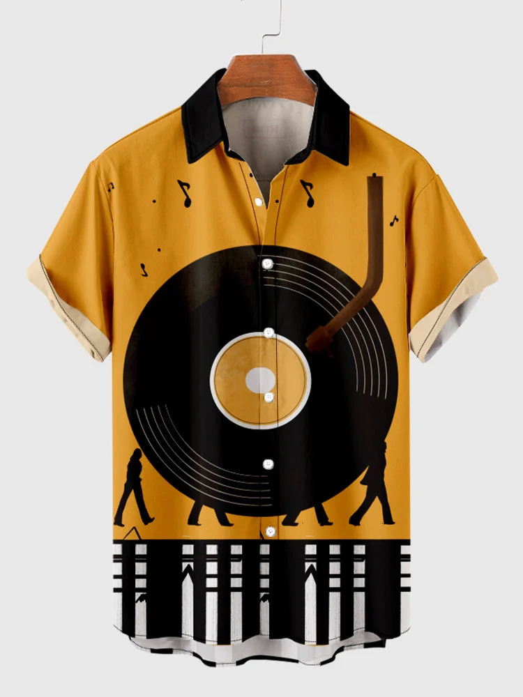 Music Elements Black & Orange Stitching Record Printing Men's Short Sleeve Shirt