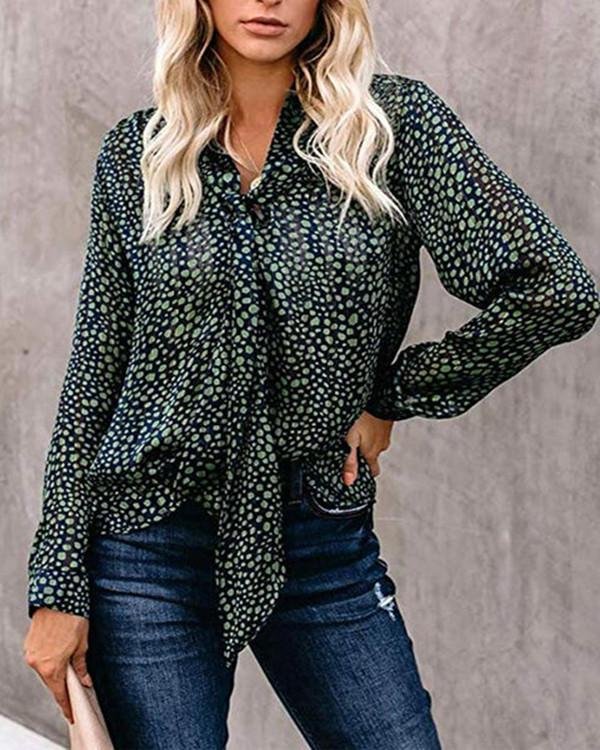 Casual Tie-Neck Long Sleeve Printed Blouses