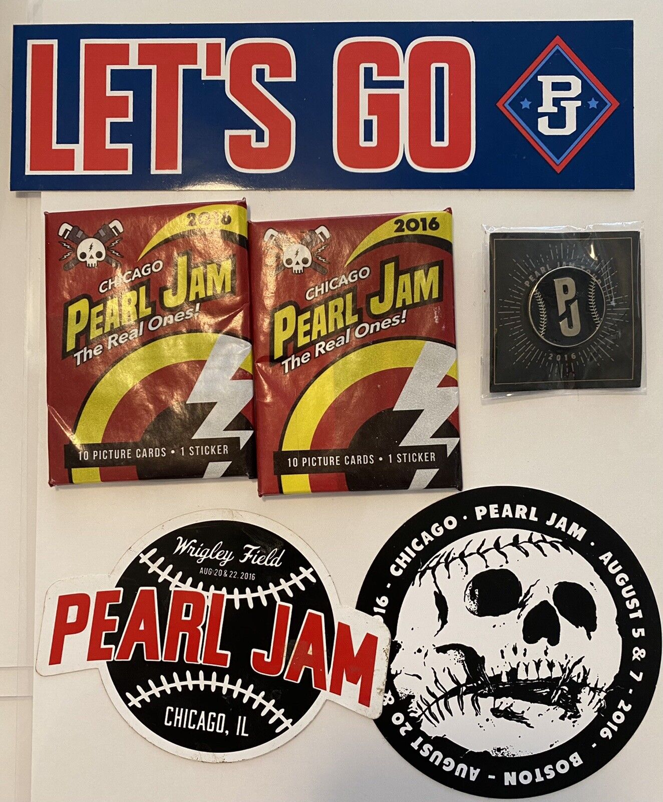 Pearl Jam 2 Packs Of Trading Cards , 3 Stickers 1 Pin Package From Chicago 2016