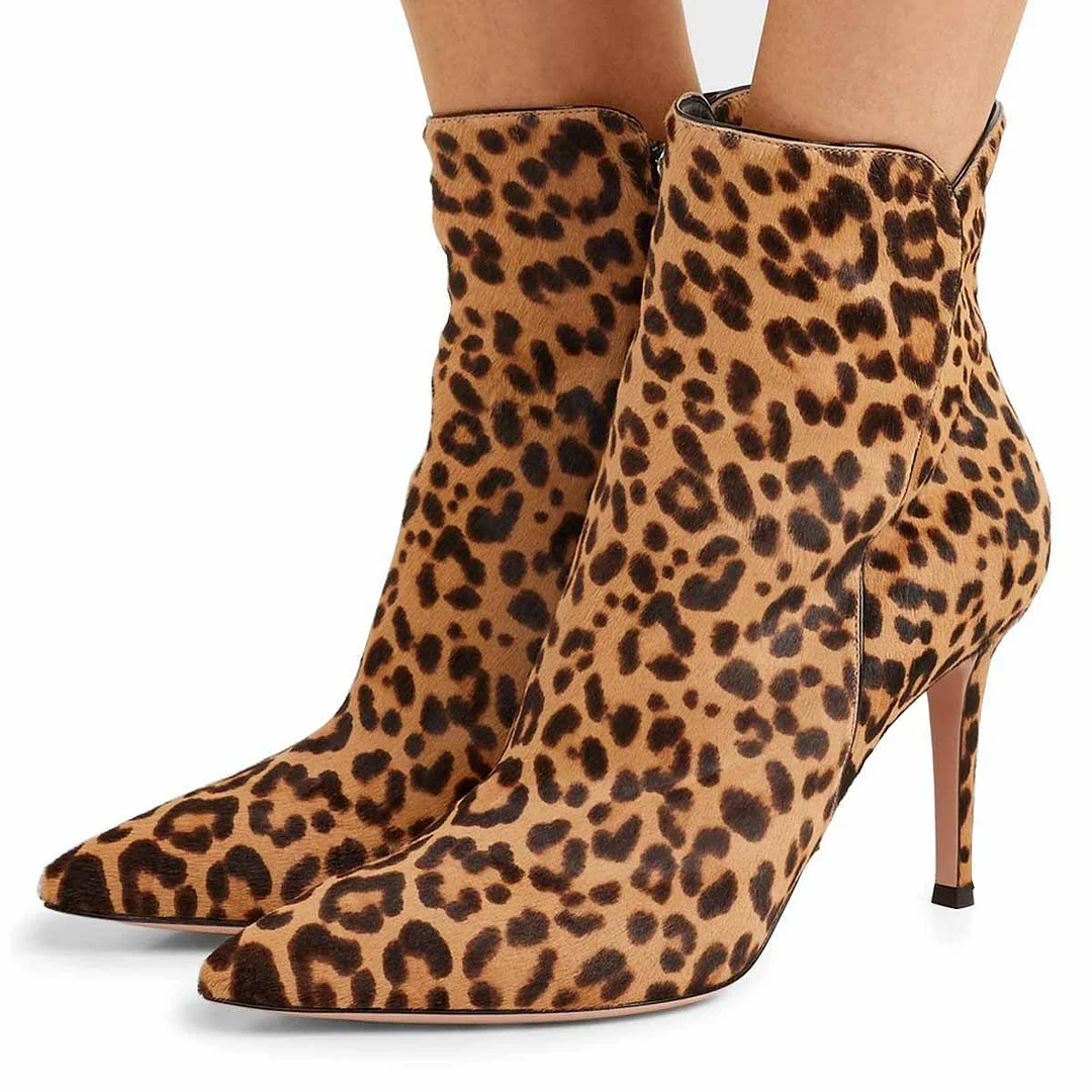 Brown & Black Pointed Toe Leopard Print Side Zipper Short Booties