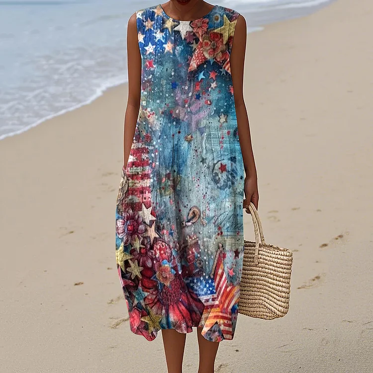 Women's Vintage Independence Day Print Midi Dress