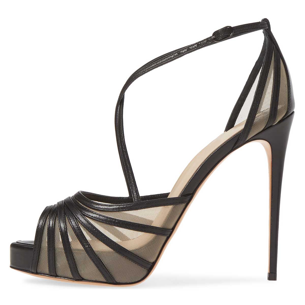 Black Mesh Strappy Peep Toe Stiletto Heels Platform Sandals for Women