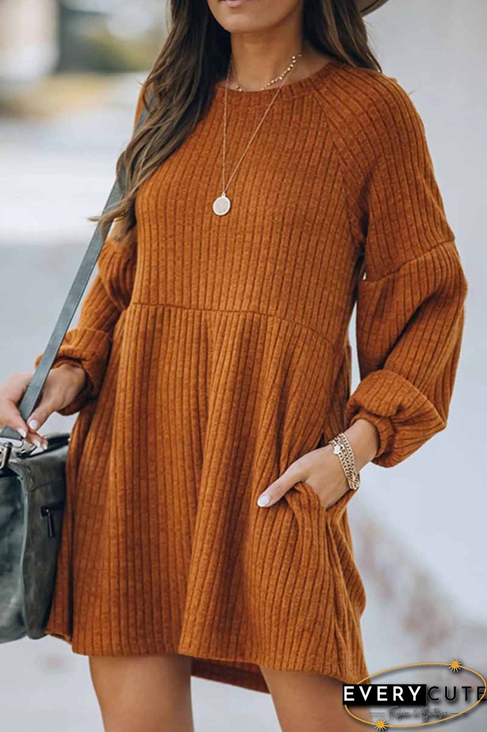 Round Neck Knitted Solid Color Mini Dress