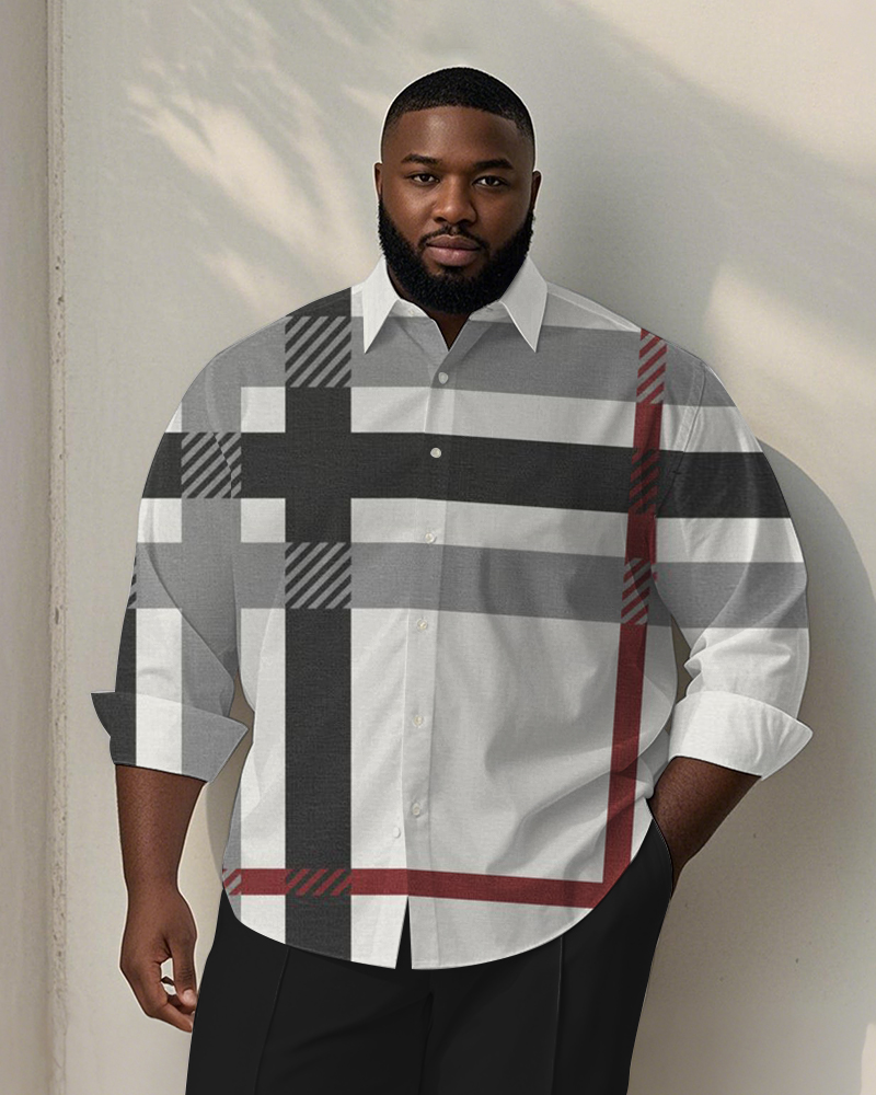 Men's Plus Size Business Gray Classic Check Print Long Sleeve Shirt