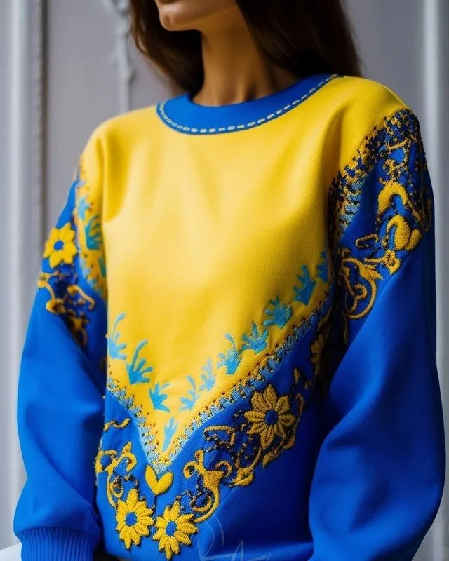 Ukraine Ethnic Floral Contrast Color Sweatshirt