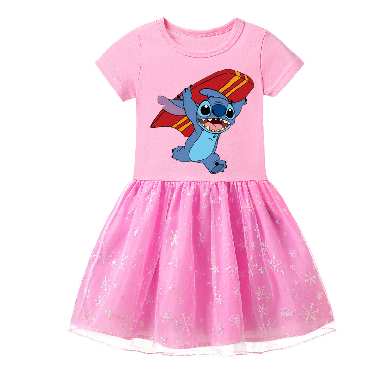 Mayoulove Stitch Mesh Dress - Adorable and Breathable Girls' Summer Clothing with Stitch Theme - Perfect for Fans of Disney's Lilo and Stitch - Ideal for Girls Aged 4-8-Mayoulove