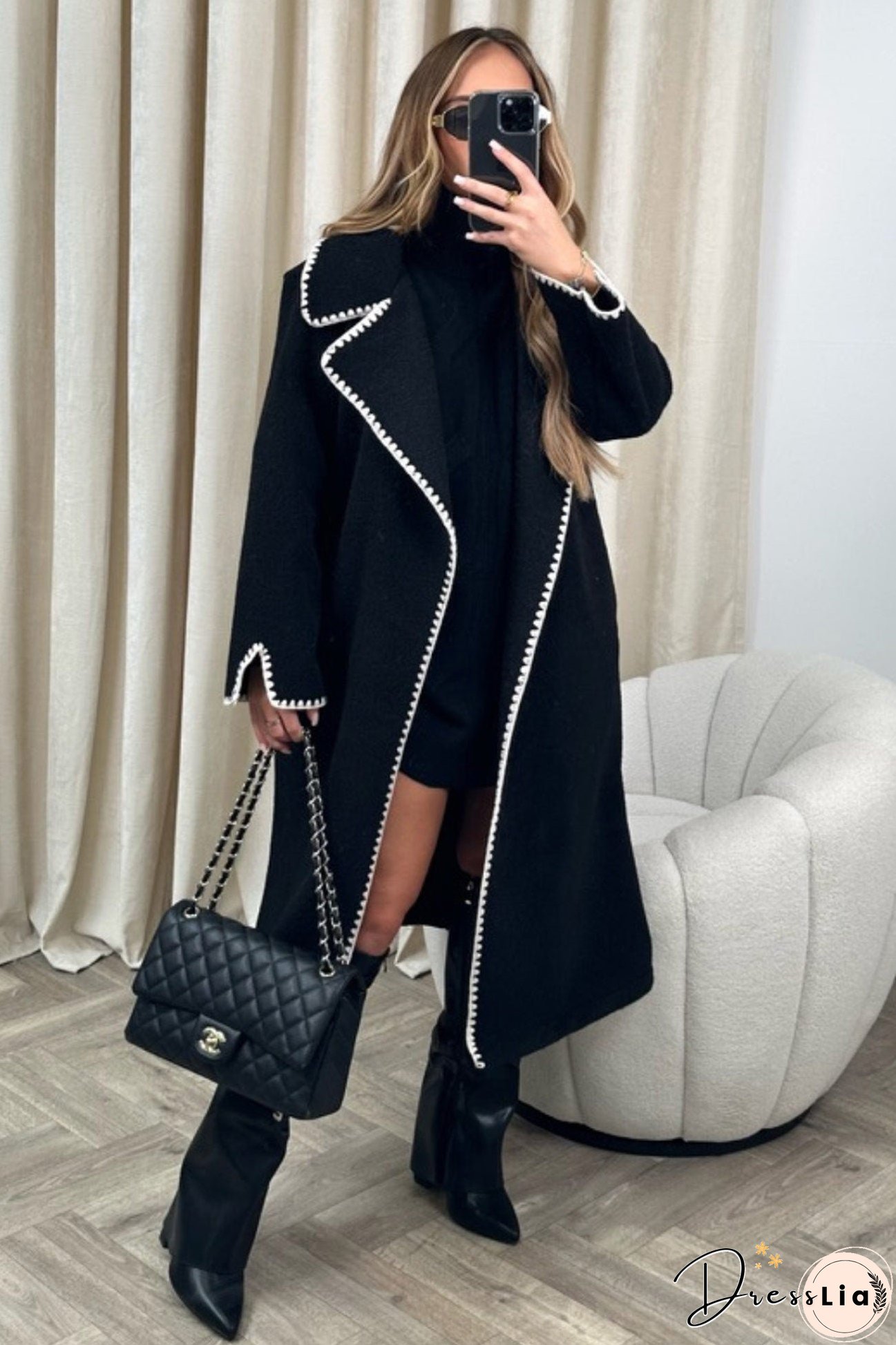 Lapel Lacework Open Front Long Coat