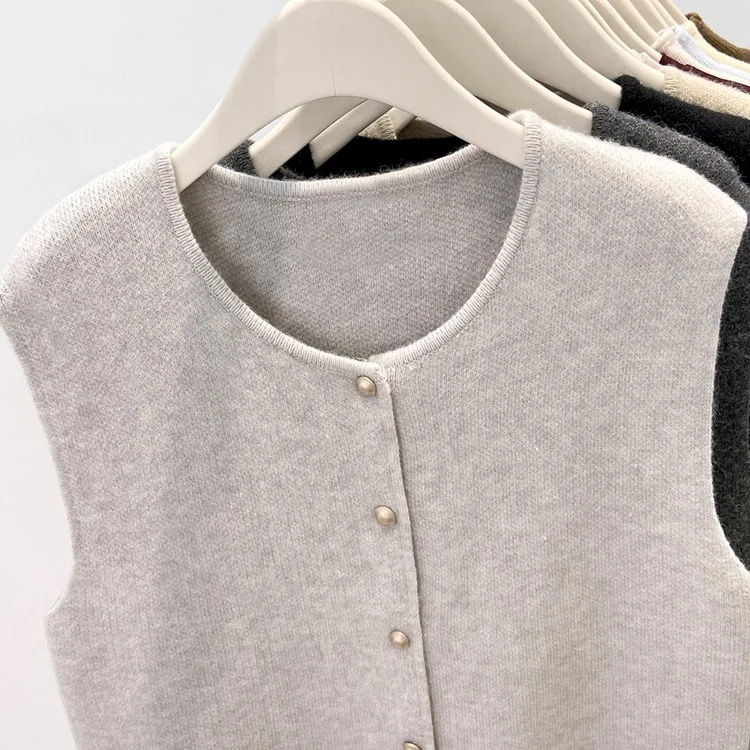 Athvotar Athvotar Old Money Style Casual Folded Round-Necked Vest Vest Women's Winter Sweater Coat Knitted Shoulder Coat