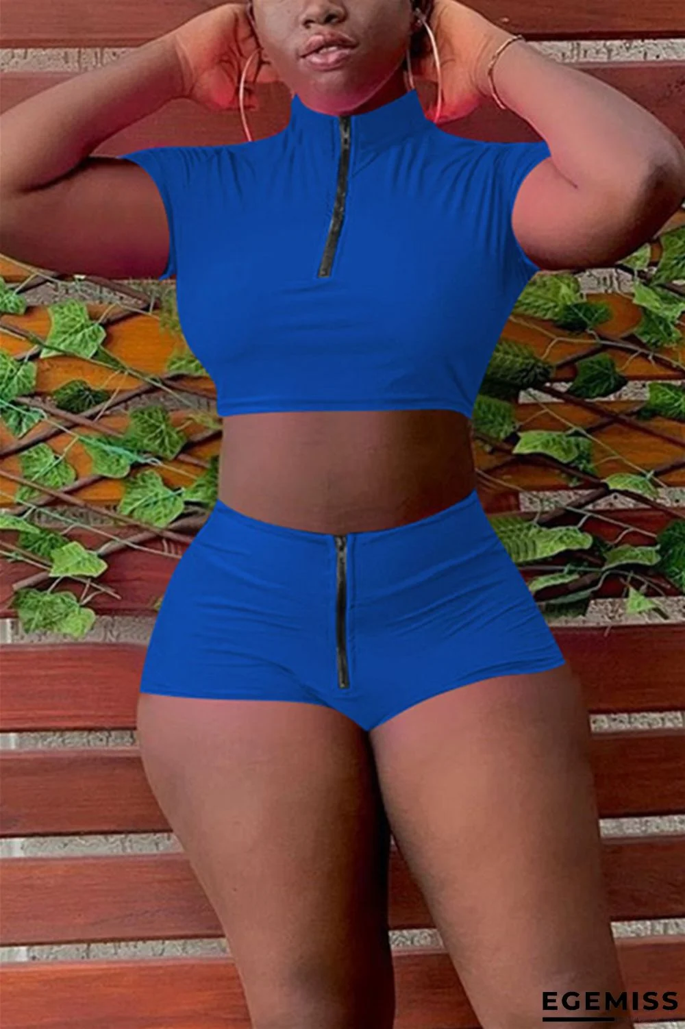 Blue Fashion Short Sleeve Top Shorts Zipper Set | EGEMISS