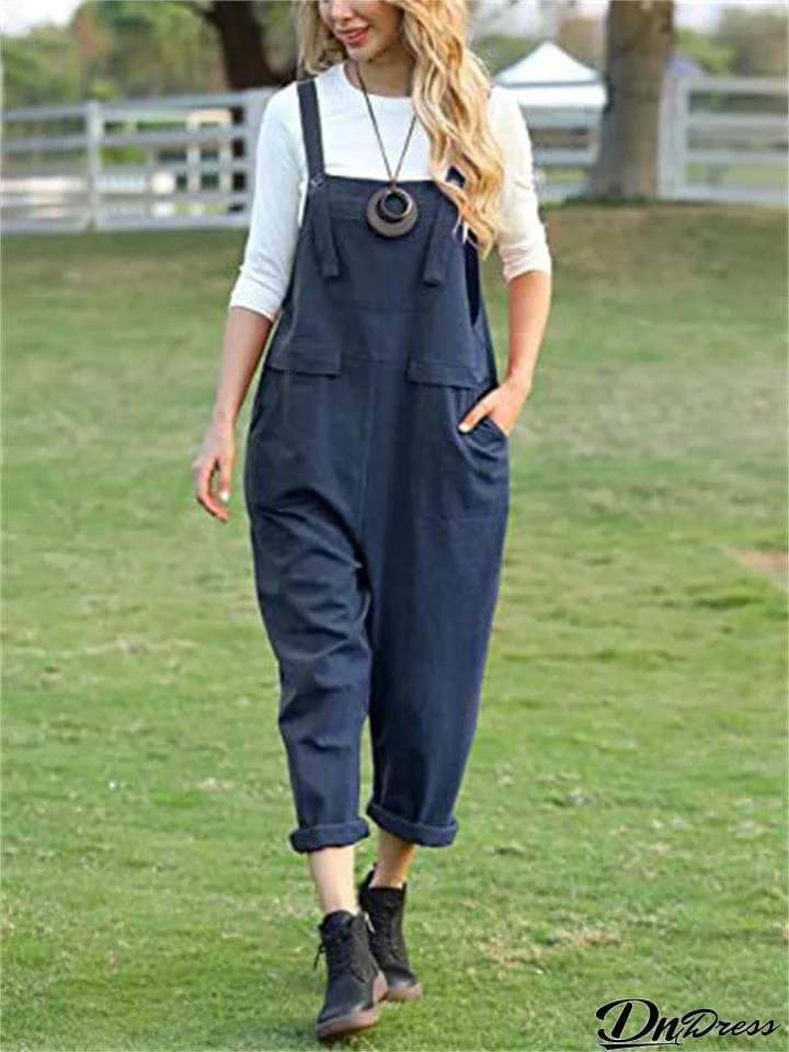 Women's British Style Loose Square Neck Straight Leg Jumpsuits