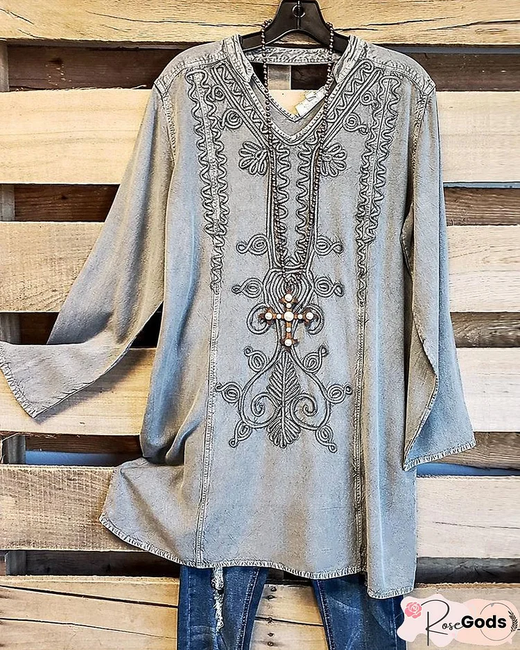 Women's Ethnic Pattern Print V-Neck Long Sleeves Casual Denim Top