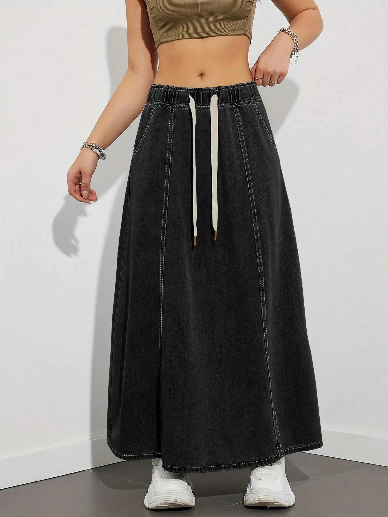 Women Elastic Waist Denim Maxi Skirt