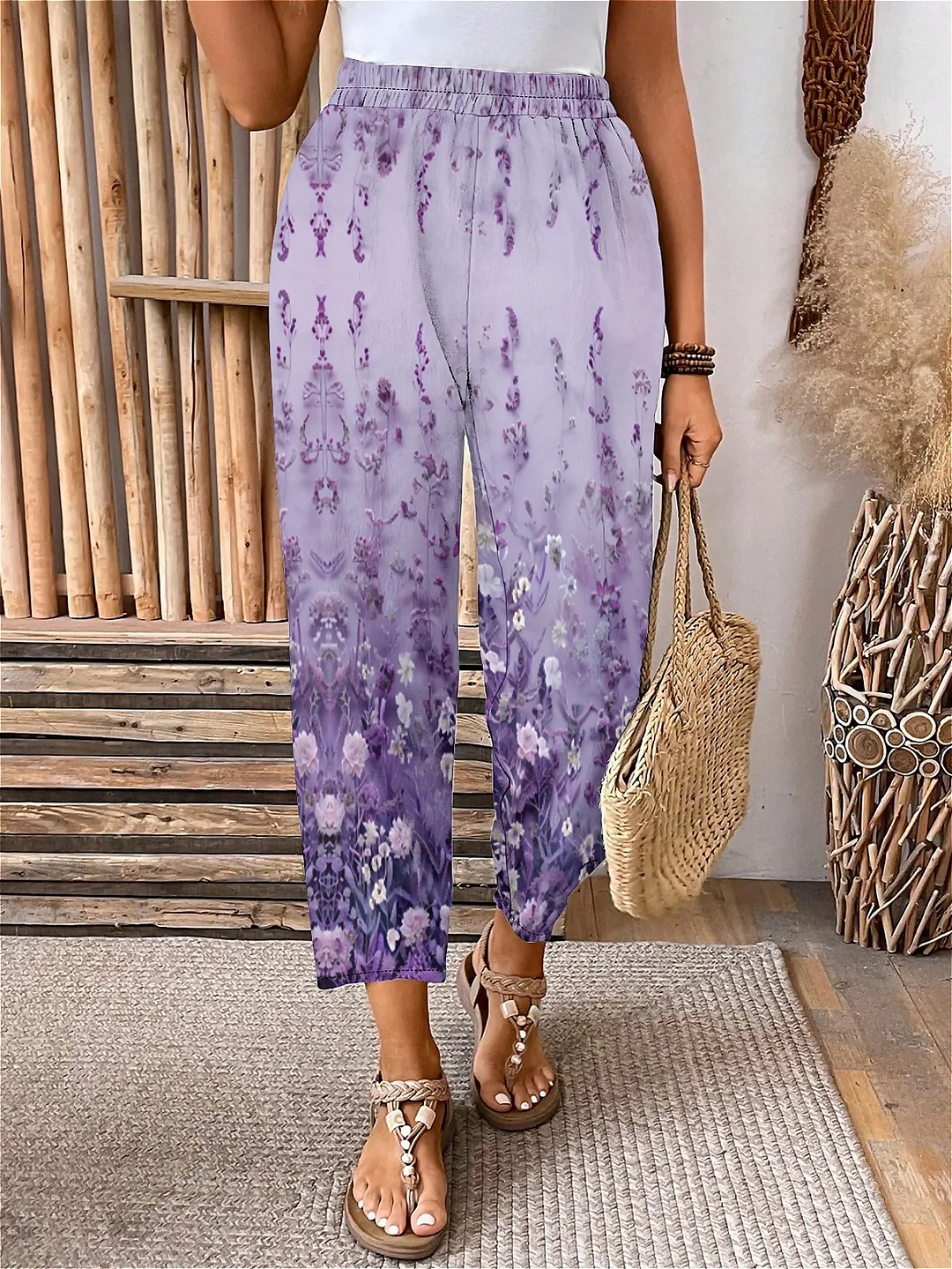 Plus Size Elastic Waist Purple,Floral,Bohemian Printed Pants