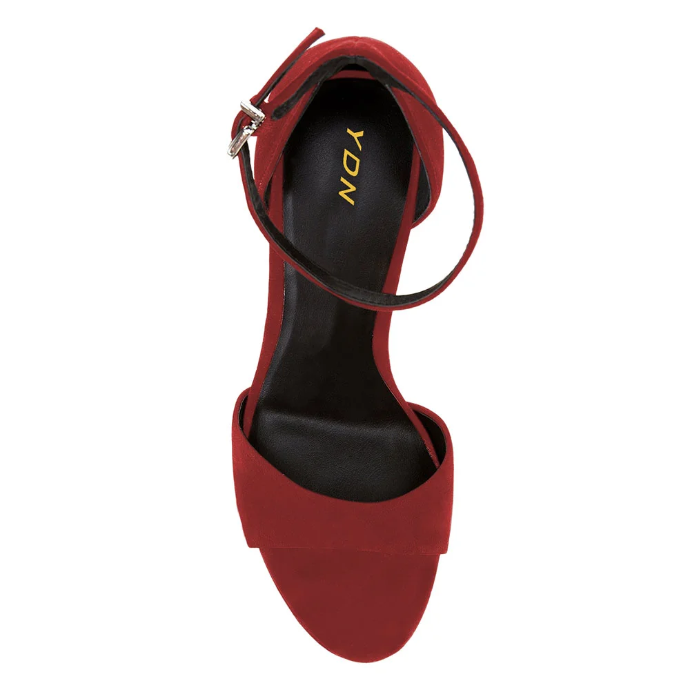 Red Vegan Suede Open Toe Ankle Strap Platform Women's Heel Sandals