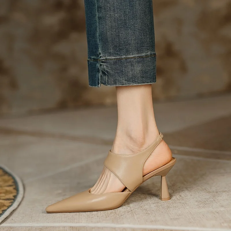 Zingj Beauty ~ Soft Leather French Head Head Sandals Women Fine Heel Pointed Back Empty Fairy Wind 2025 Spring And Summer High Heels Women
