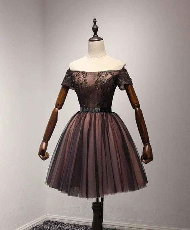 Cute Black Tulle Lace Short Prom Dress