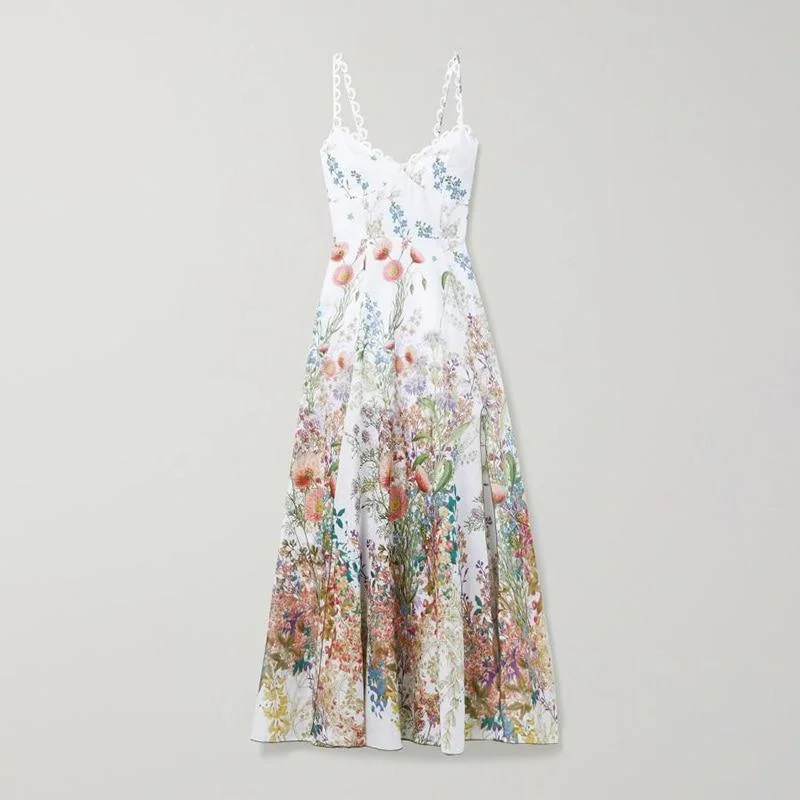 ABEBEY Print Side Split Sling Dress For Women V Neck Sleeveless High Waist Casual Midi Dresses Female 2023 Summer Clothing