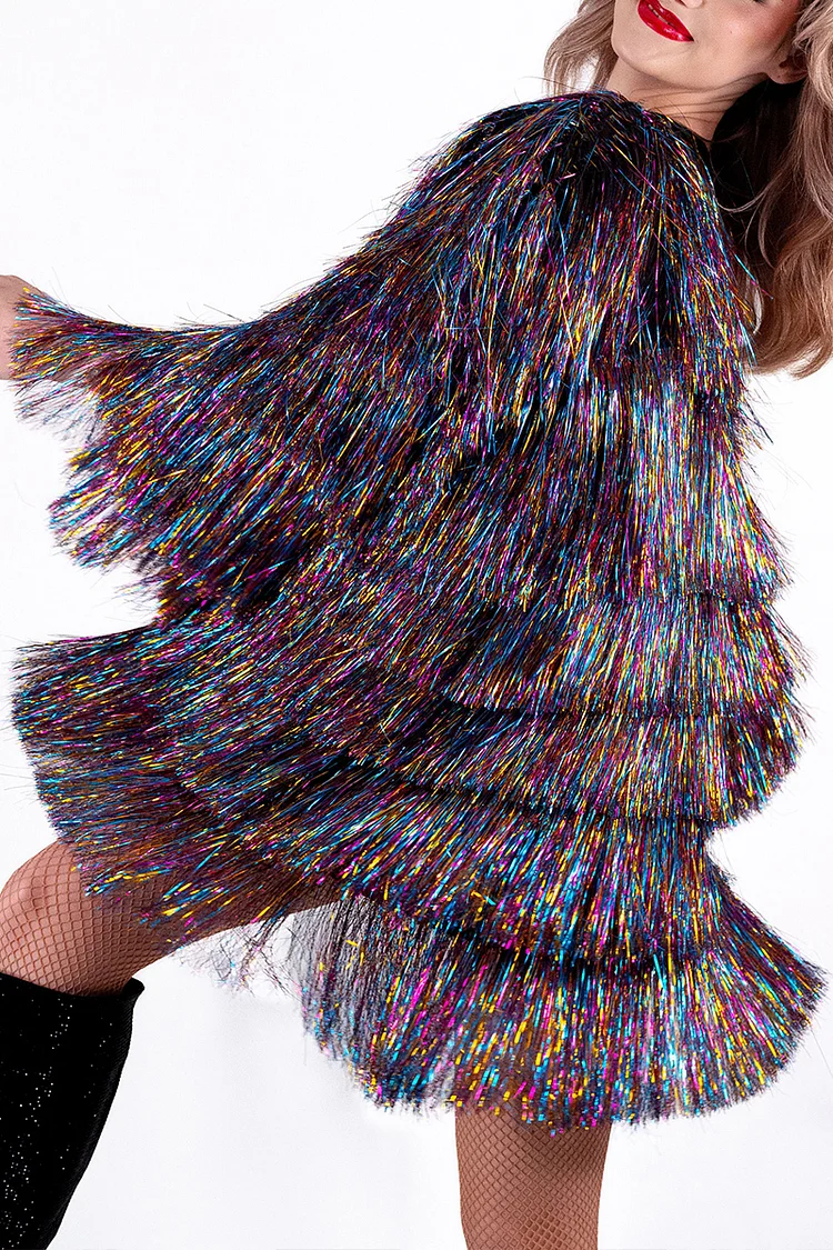 Ciciful Tinsel Fringe Reflective Rainbow Festival Disco Swing Jacket