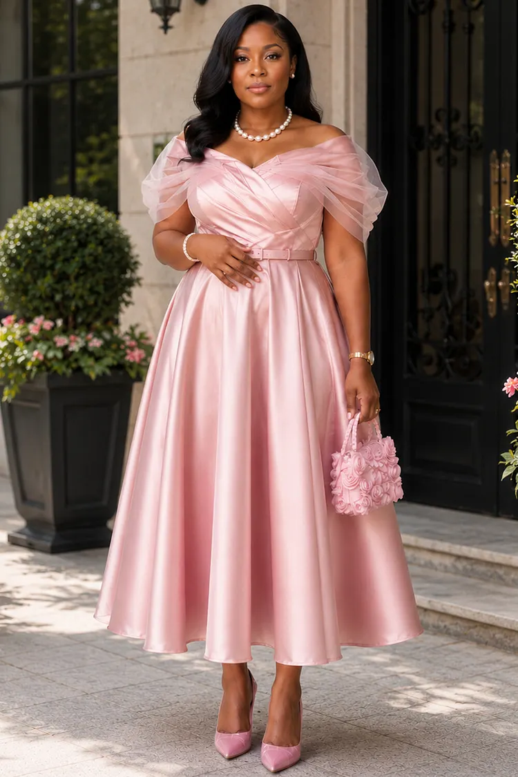 Xpluswear Design Plus Size Wedding Guest Tulle Pink Off The Shoulder Short Sleeve Contrast Pocket Satin Midi Dresses [Pre-Order] 2024 - Xpluswear