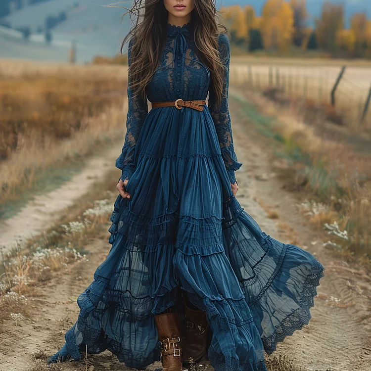 Retro V-neck Lace Linen Women's Long-sleeved Long Skirt Pastoral Style Linen Dress socialshop