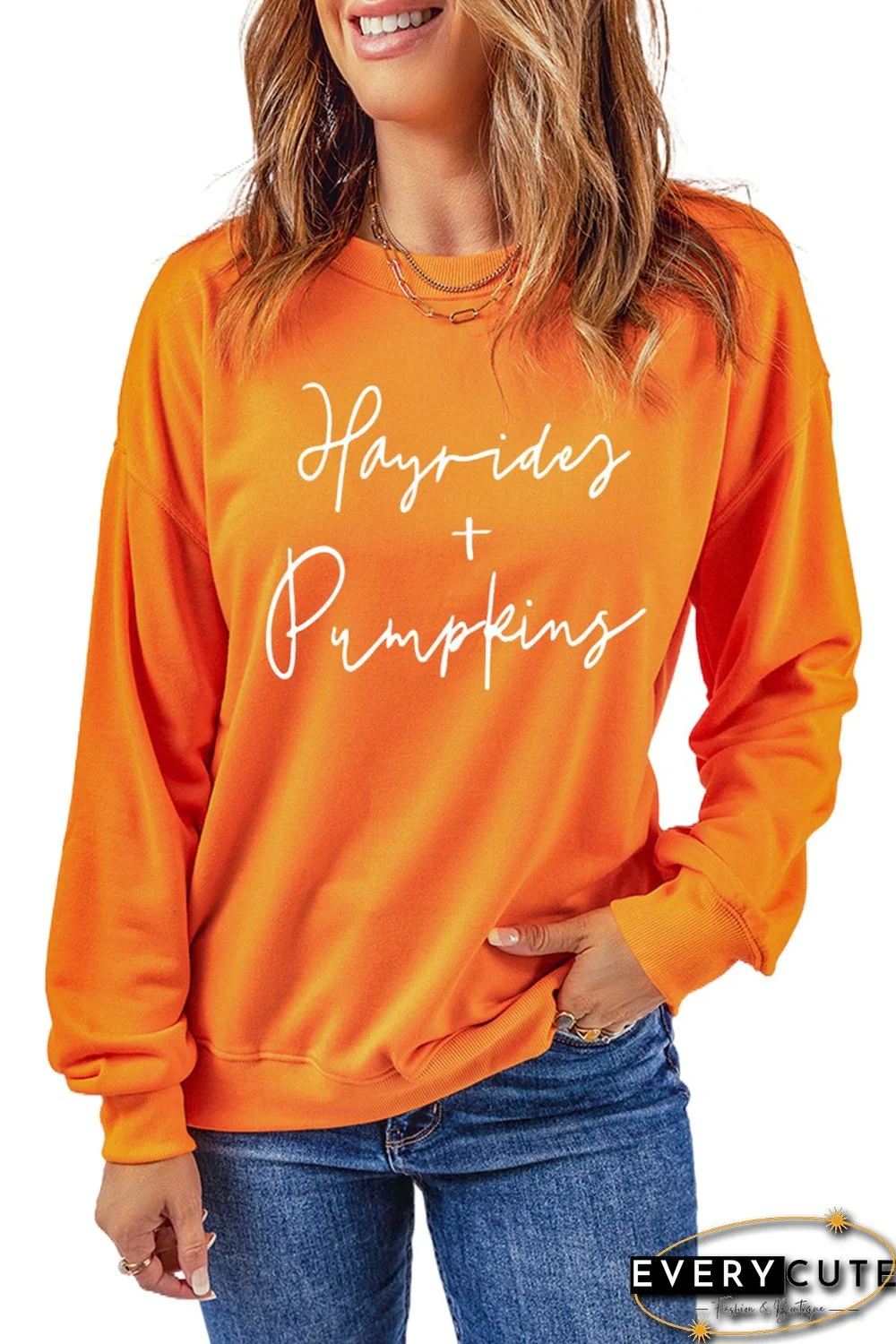 Orange Hayrides Pumpkin Long Sleeve Pullover Sweatshirt