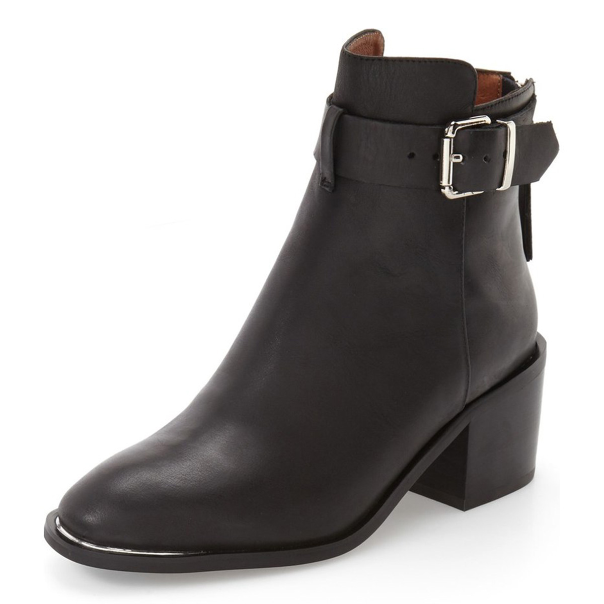 GOOSHOE Black Buckle Ankle Booties Round Toe Chunky Heel Boots