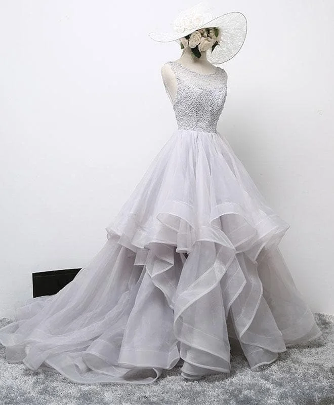 Gray Round Neck Tulle Lace Long Prom Gown, Formal Dress