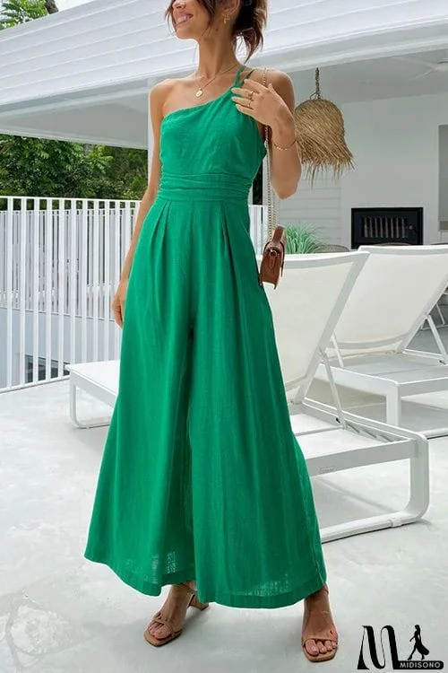 MidiSono - One Shoulder Straps Wide Leg Jumpsuits