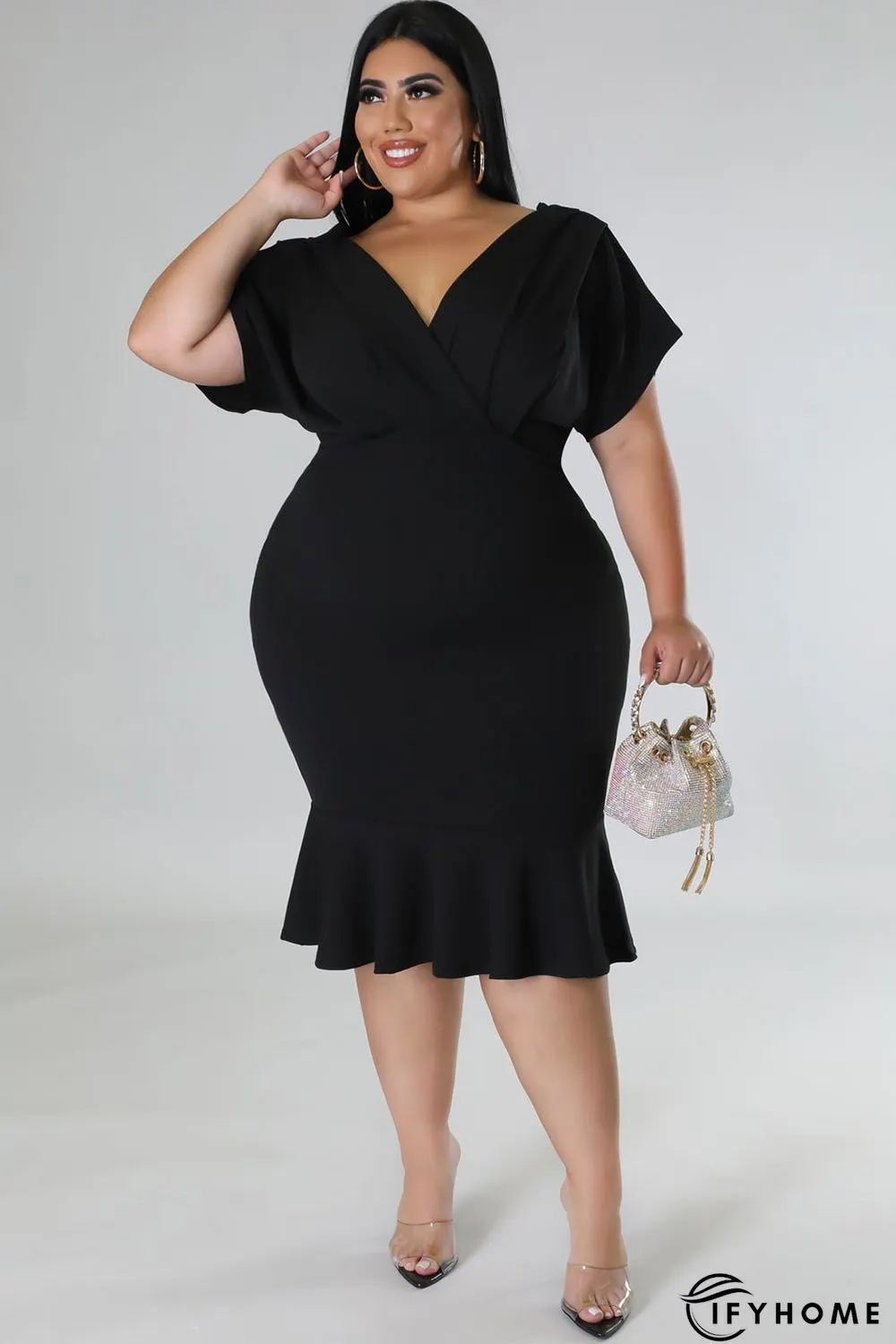 Black Plus Size Pleated V Neck Ruffle Hem Bodycon Dress | IFYHOME