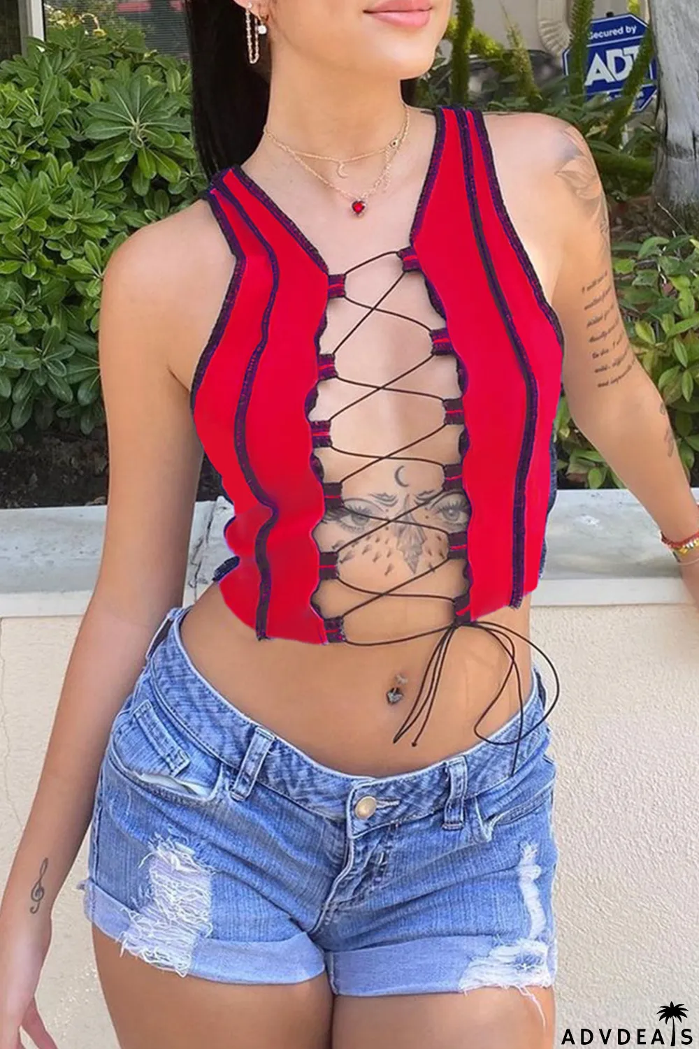 Red Sexy Casual Solid Bandage Hollowed Out V Neck Tops