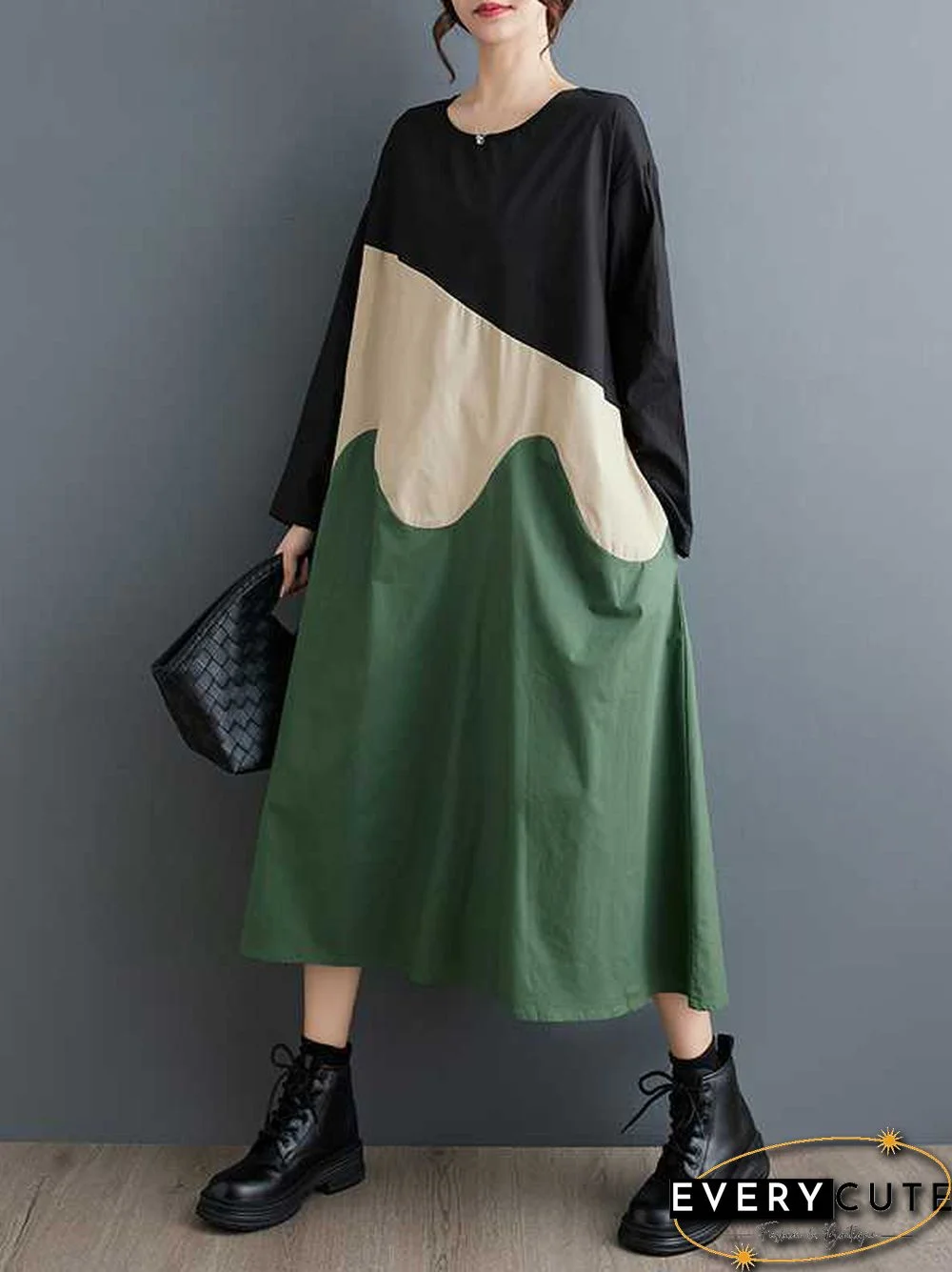 A-Line Long Sleeves Contrast Color Round-Neck Midi Dresses