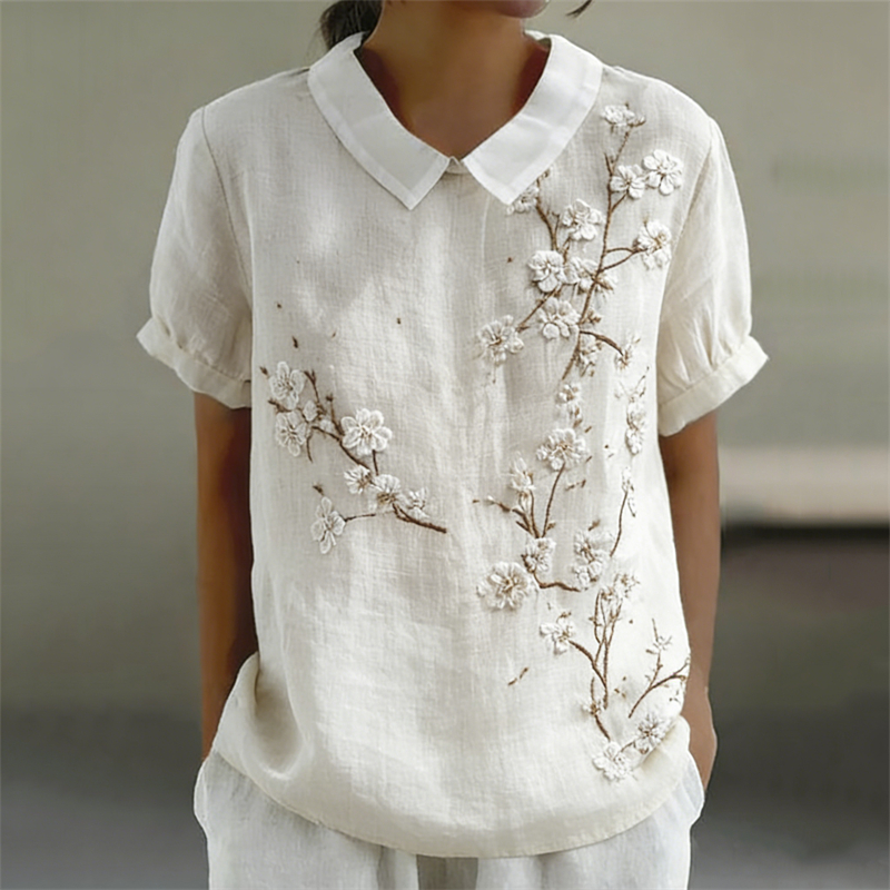 Almond Blossom Japanese Art Peter Pan Collar Linen Shirt wearshes
