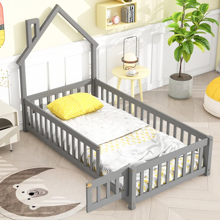 Toddler Floor Bed, BTMWAY Twin Size Wood Floor Bed with House-Shaped Headboards & Frences & No Slats Support, Twin Size Montessori Toddler Bed for Boys Girls Kids, Low to Ground Height, Gray